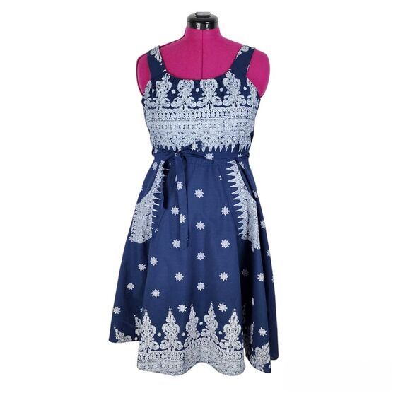 Navy White Wrap Midi Dress Boho Print Fit And Flare A-line Pockets - Picture 1 of 15